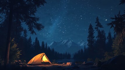 Star-filled night with a glowing tent in a serene forest, mountains in the background under the Milky Way.