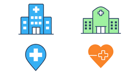 Healthcare Icons Set Representing Hospital Building, Location, and Health Services