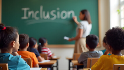 A diverse classroom with a message of inclusion, symbolizing racial harmony in education.