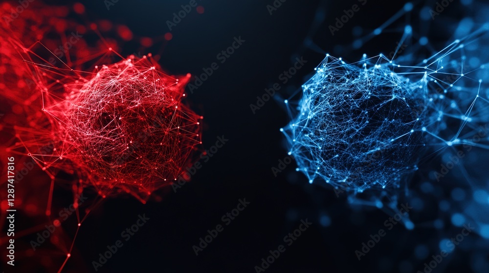 Poster digital abstract representation of red and blue particles in motion