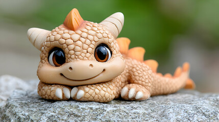 Obraz premium Cute baby dragon figurine outdoors, garden background, fantasy decor