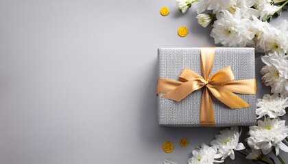 Gray Gift Box with Gold Ribbon on Flowers Background. Top View of Teacher Day Gifts with Copy Space