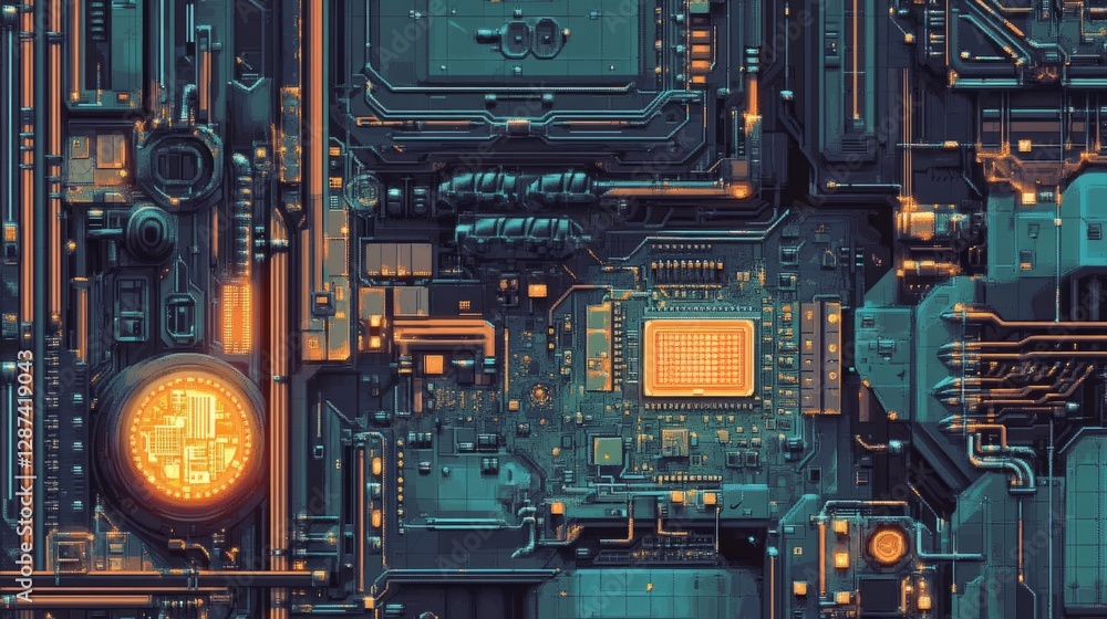 Poster highly detailed close-up of a printed circuit board with complex electronic components, microchips, 