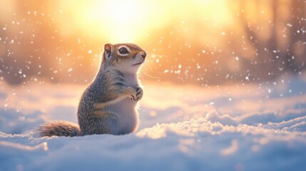 Squirrel standing in snowy field at sunset with gentle snowfall, serene and warm atmosphere. Wildlife and tranquility concept