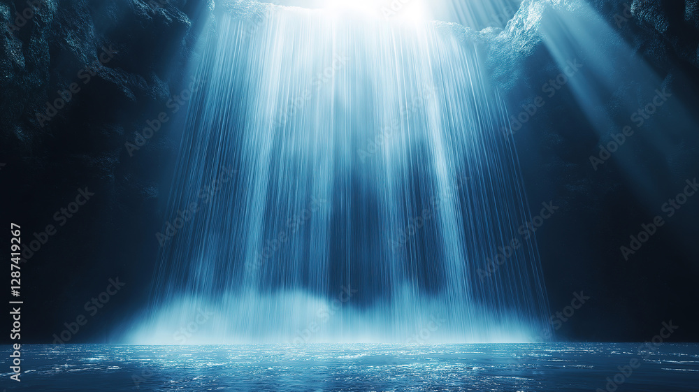 Poster a glowing abstract waterfall of light beams creating an ethereal and tranquil atmosphere