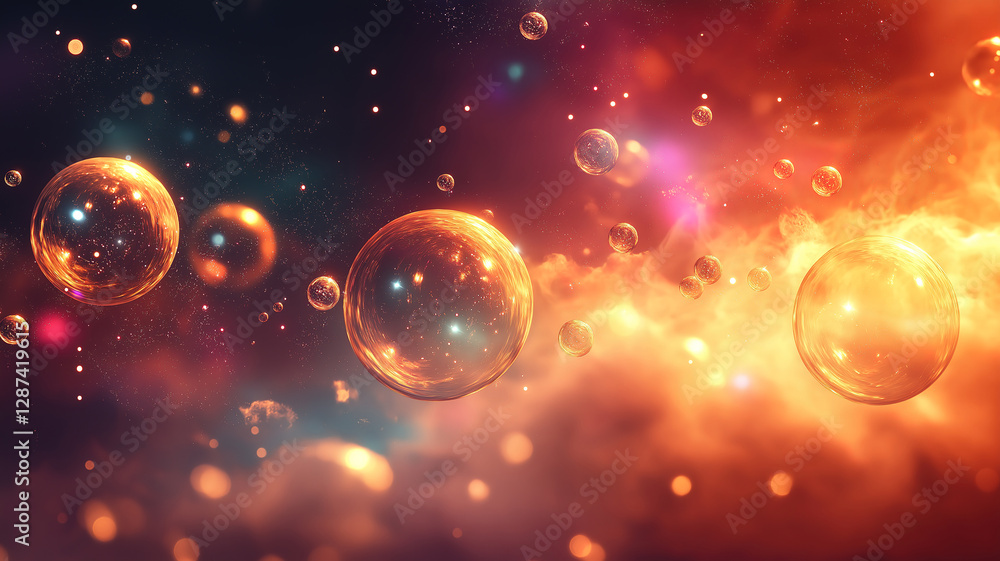 Poster a colorful cosmic backdrop filled with golden bubbles and luminous clouds creating a glowing atmosph