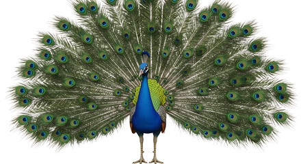 Naklejka premium Peacock Displaying Feathers Full Frame Isolated on White Background