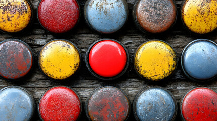 Vintage Colorful Metal Buttons with Weathered Paint on Rustic Wood Surface