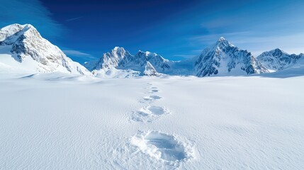 Snowy Mountain Trail, Majestic Peaks, Winter Wonderland, Footprints in Snow, Perfect for Stock