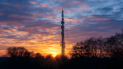 tall broadcasting tower silhouetted against breathtaking sunset sky, surrounded by trees. vibrant colors of sunset create dramatic and serene atmosphere