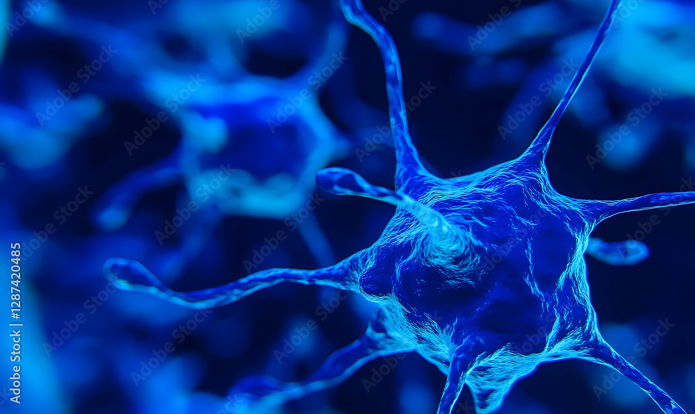 Poster detailed close-up of neuron cells under blue light microscope, showcasing intricate cellular structu