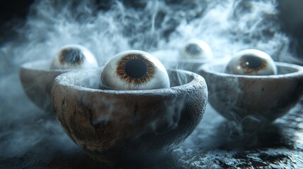 Realistic eyeballs in smoky stone bowls, eerie atmosphere. Surreal horror and mysticism concept