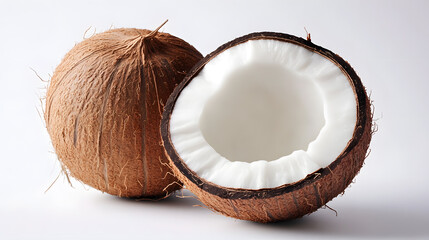 whole coconut and half coconut with white flesh on white background