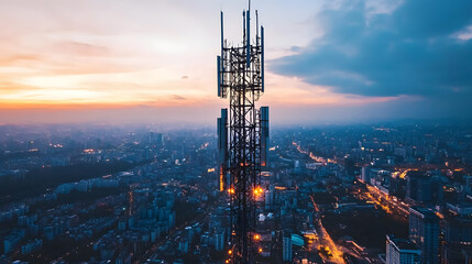 massive 5G network tower stands tall over urban landscape at sunset, with city lights beginning to twinkle as day transitions to night