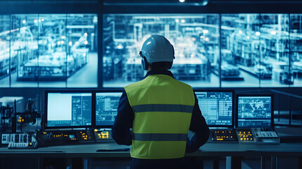 worker in high visibility vest and helmet monitors multiple screens in modern industrial control room, overseeing operations with focus and precision
