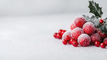 Festive red berries and holly on snow, winter holiday background