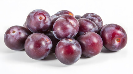 Obraz premium bunch of deep purple plums with soft sheen are arranged on white background, showcasing their fresh and ripe appearance