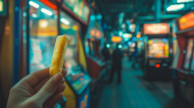 nostalgic close up of hand holding 90s snack with vibrant arcade background, evoking sense of retro fun and excitement - Powered by Adobe