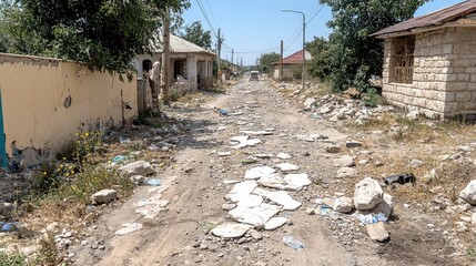 Dusty street with rubble and debris in a residential neighborhood. Possible use for Documentary, news, social issues, environmental awareness