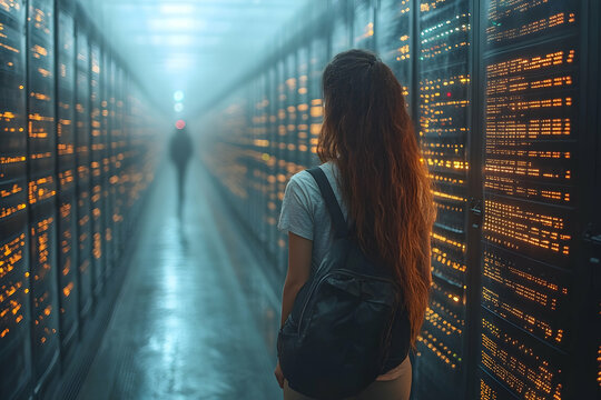Woman standing in data center filled with servers and mysterious figure