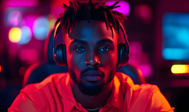 Focused african american man with dreadlocks wearing headphones in neon ambiance