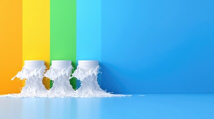 White paint spills from cans against rainbow wall