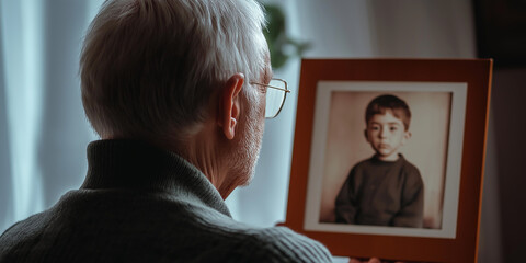 Senior man remembering his childhood looking at an old photo