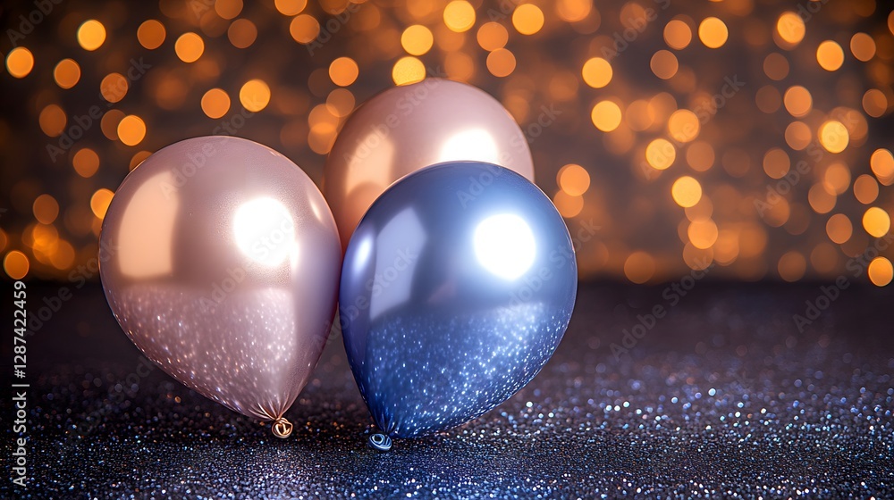 Poster three metallic balloons are floating on a sparkling surface