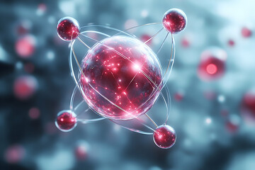 Red Glowing Atom Structure with Electrons, Scientific Illustration