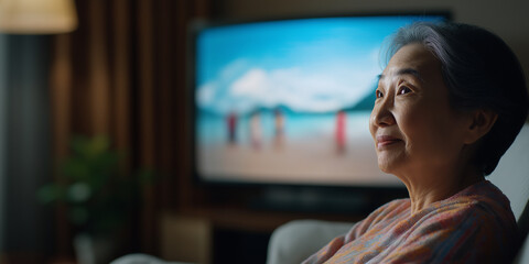 Elderly woman watching tv and dreaming of vacation at home