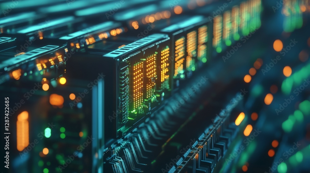 Poster futuristic circuit board with glowing data processing elements showcasing high-tech server connectio