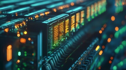 Futuristic circuit board with glowing data processing elements showcasing high-tech server connections, digital code flow, and advanced computing components in a dynamic orange, green, and blue techno