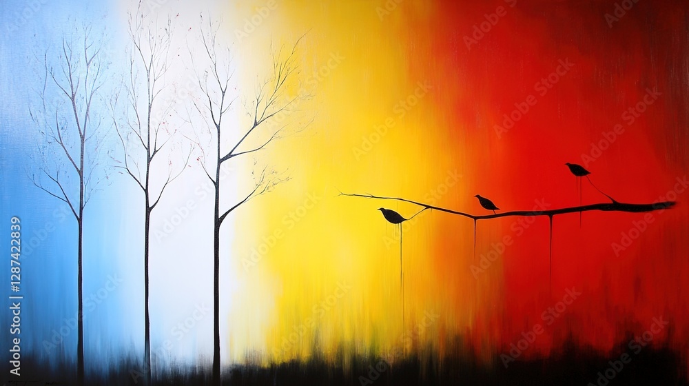 Poster abstract trees and branches on colorful background with birds