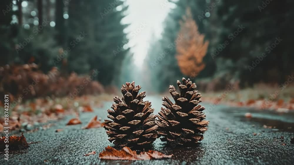 Poster pine cones on a wet forest path surrounded by trees in autumn atmosphere and soft mist
