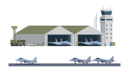 Military Airbase Vector Illustration. Aircraft, Vehicles, Staff, and Editable Modular Infographic Elements