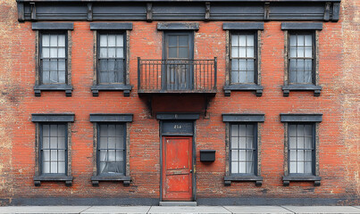 Obraz premium Charming old brick apartment building facade with multiple windows and an ornate balcony