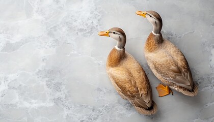 Obraz premium Two ducks on marble, top view, still life
