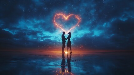 Couple in love, starry night, heart, reflection, romantic
