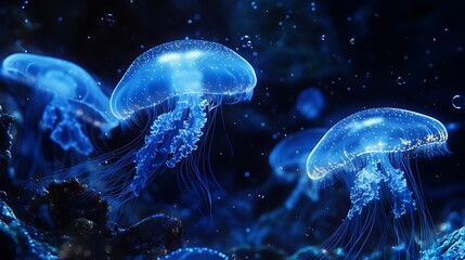 Glowing jellyfish underwater