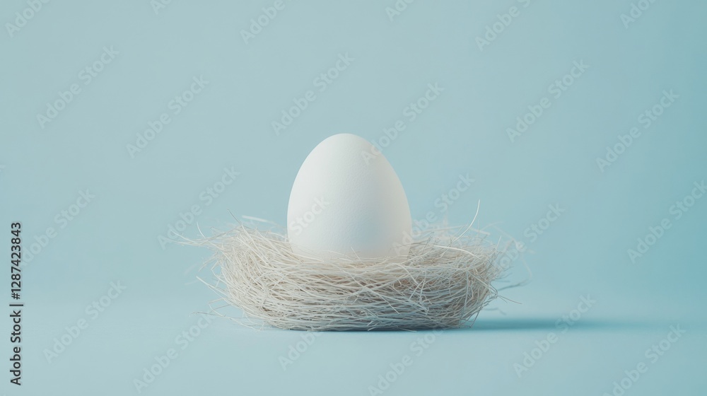 Poster white egg on a delicate straw nest on a light blue background, minimalistic and serene. simplicity a