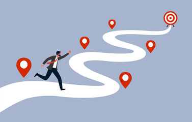 Reach target or progress to reach goal, career step to success, achievement or growth, challenge and motivation to succeed concept. Businessman walking along roadmap to reach goal.