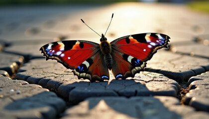 Obraz premium Peacock butterfly on a cobblestone path, ideal for nature blogs, garden websites, and designs celebrating the beauty of insects.
