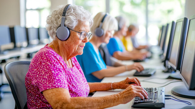 Seniors engaged in technology class, learning with computers and headphones