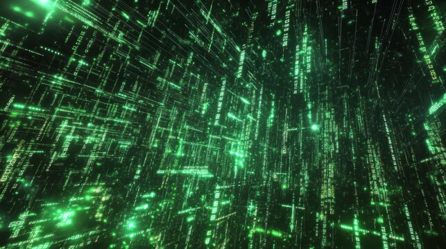 Futuristic abstract technology background featuring programming code with digital data streams, binary digits, and glowing blue matrix elements, perfect for software development, cybersecurity concept - Powered by Adobe
