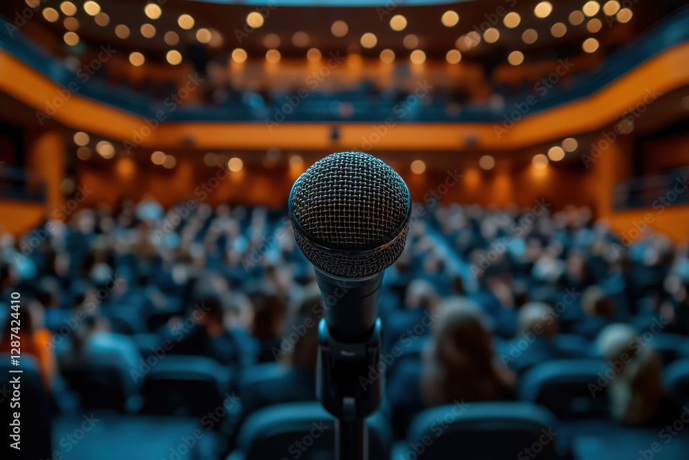 Poster a microphone is pointed at a microphone stand in a large auditorium