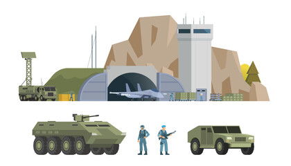 Military Airbase Vector Illustration. Aircraft, Vehicles, Staff, and Editable Modular Infographic Elements