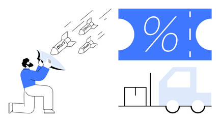Man using shield to block DDoS attacks, large discount ticket symbol, and truck with cargo. Ideal for cybersecurity, e-commerce, discount sales, online protection, logistics management, digital
