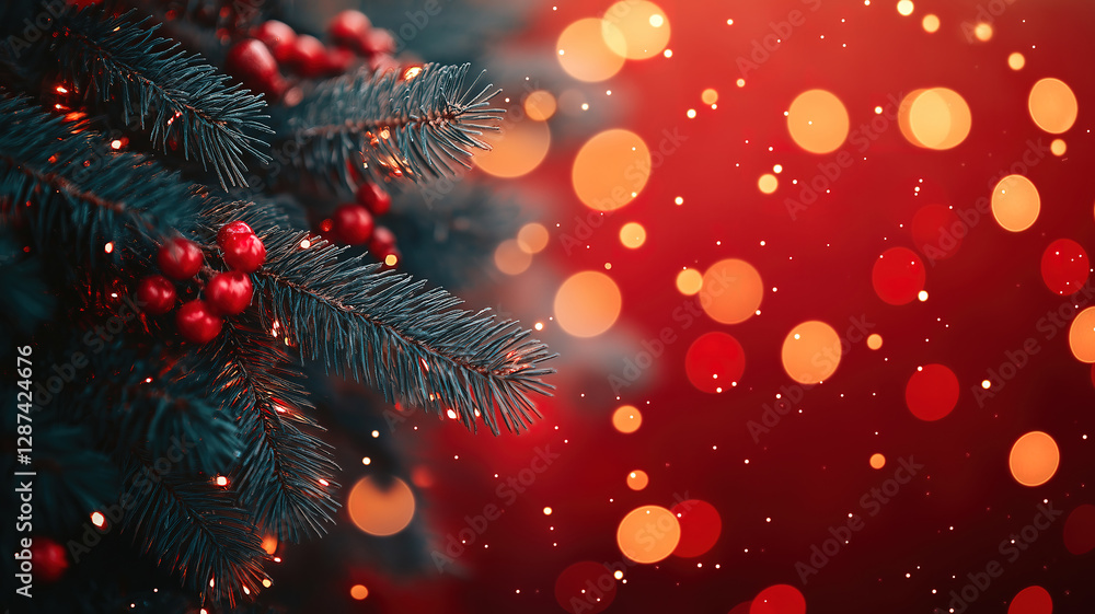 Poster a festive christmas scene with a sparkling tree and bokeh lights on a rich red background