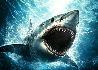 Fototapeta premium Shark is shown with its mouth wide open, surrounded by water. Concept of danger and fear, as the shark appears to be in a state of attack or aggression. The blue color of the water