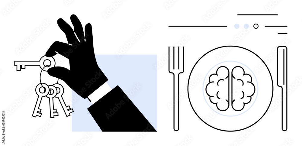 Poster hand holding a set of keys next to a plate with a brain and cutlery. ideal for themes of knowledge, 